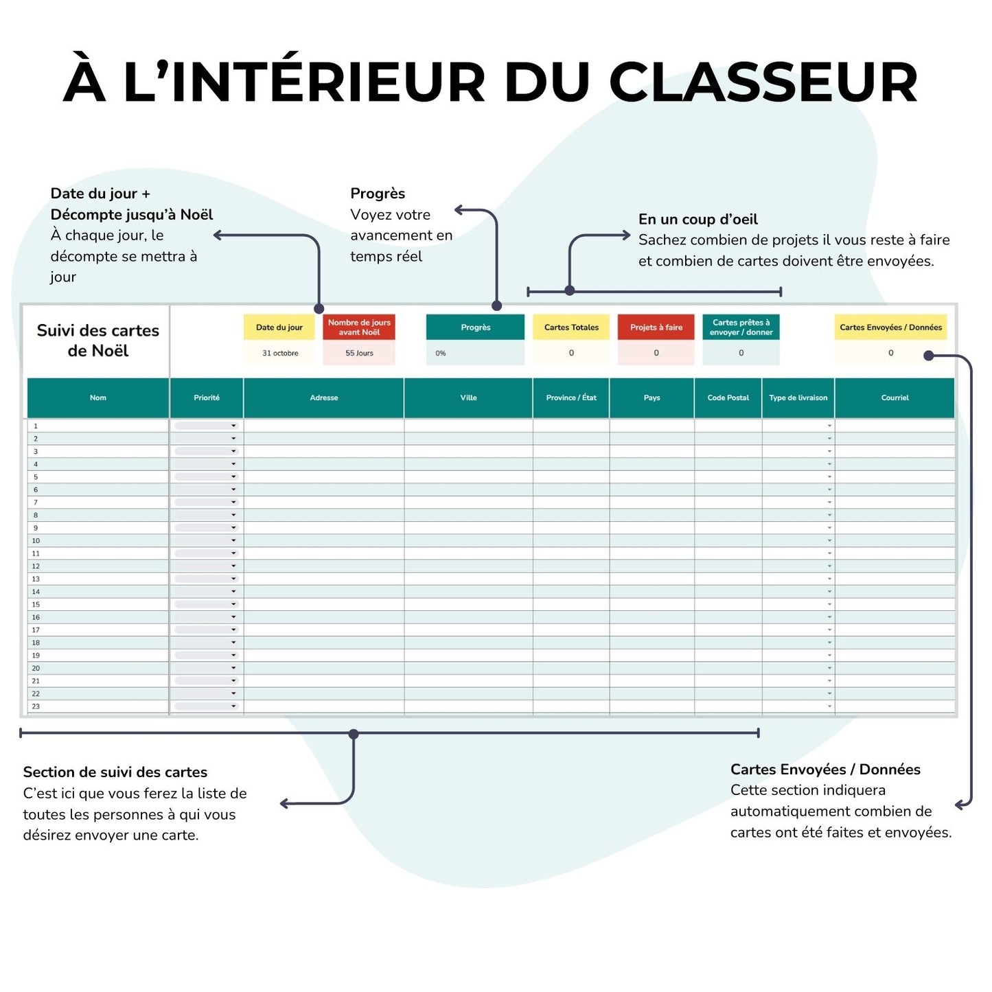 À l'intérieur du Classeur numérique pour le suivi des cartes de Noël Cricut en français