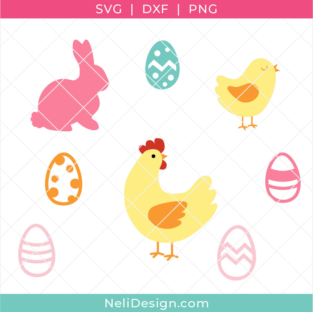 Image des fichiers de découpe svg contenu dans le regroupement de Pâques. Un lapin, une poule, un poussin et des oeufs