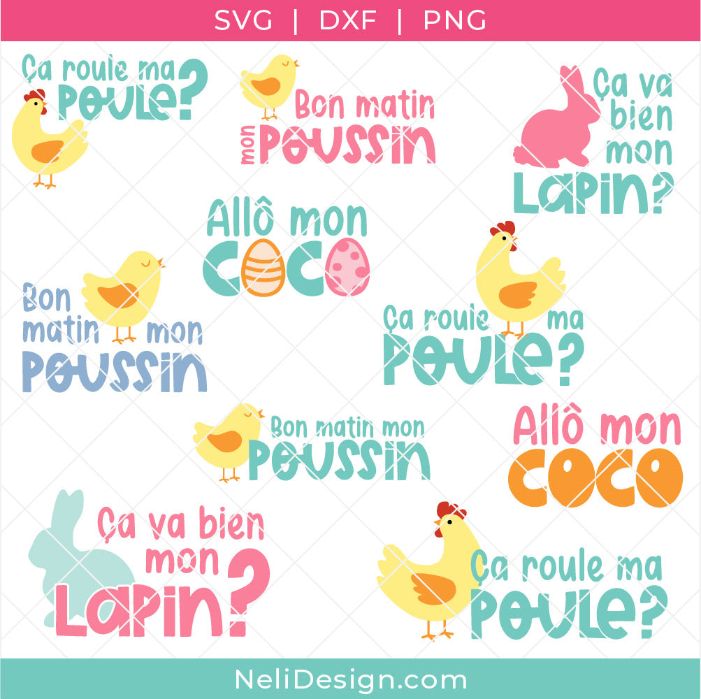 Image illustrant tous les fichiers SVG en français pour Pâques incluent dans le regroupement
