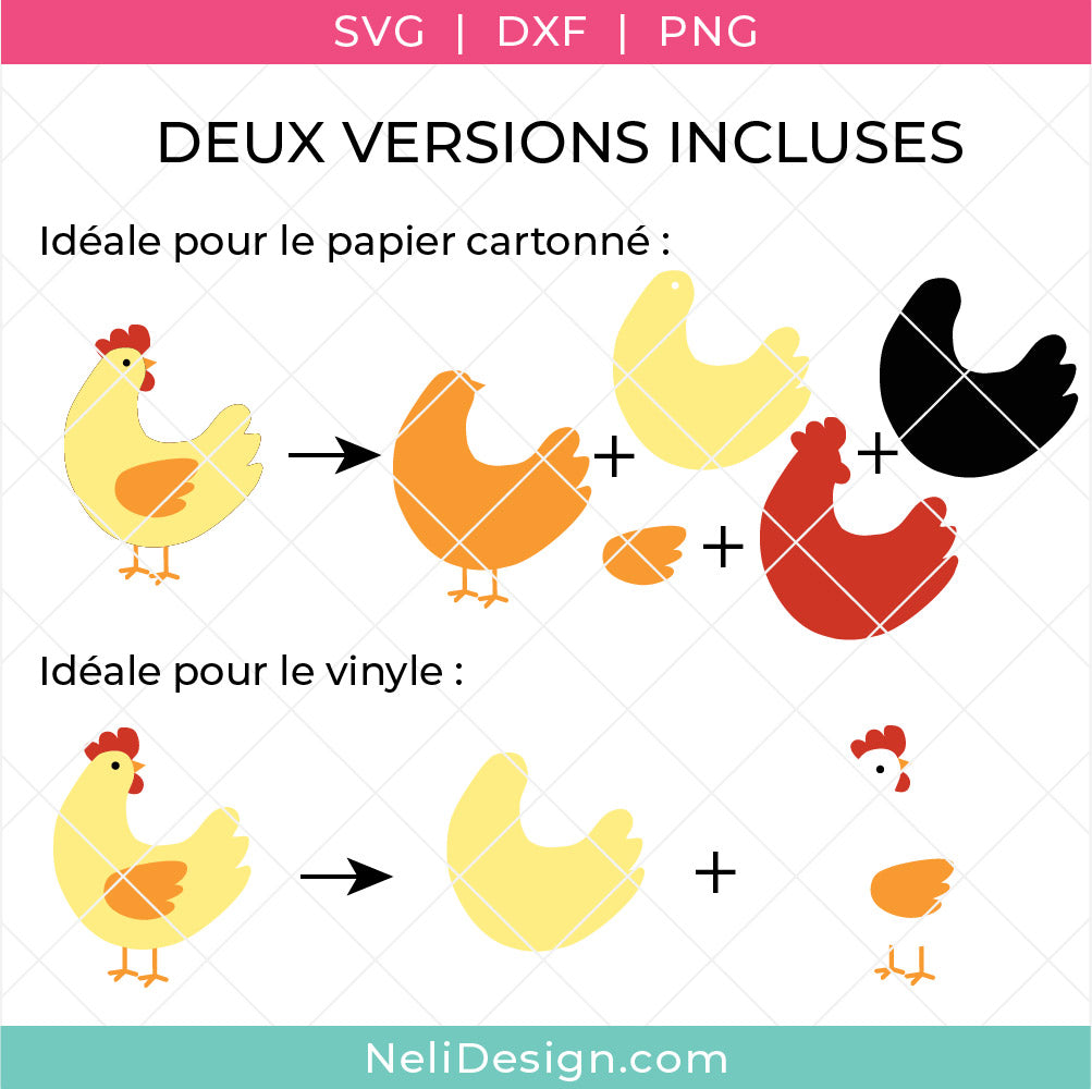 Image illustrant les deux versions du fichiers svg de poule. Une pour le papier cartonné et l'autre pour le vinyle ou thermocollant