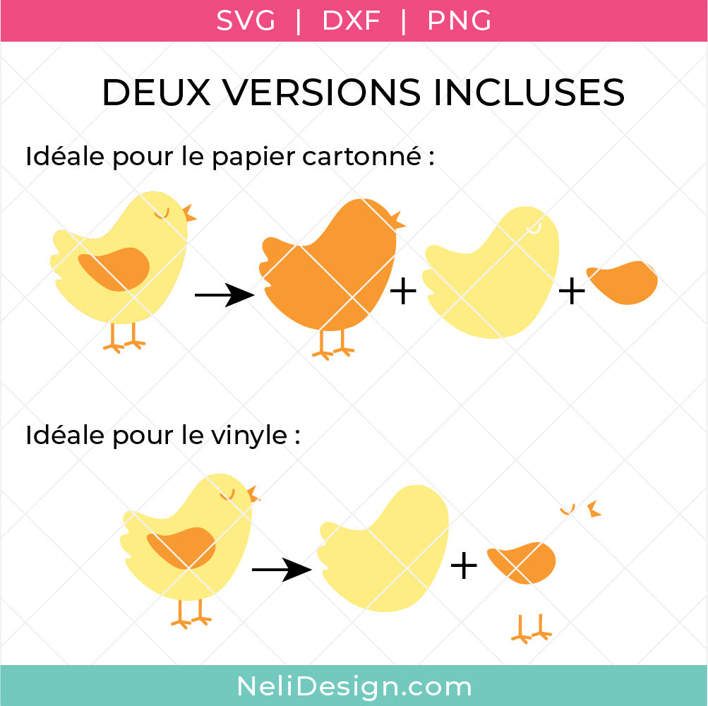 Image illustrant les deux versions du fichiers svg de poussin. Une pour le papier cartonné et l'autre pour le vinyle ou thermocollant