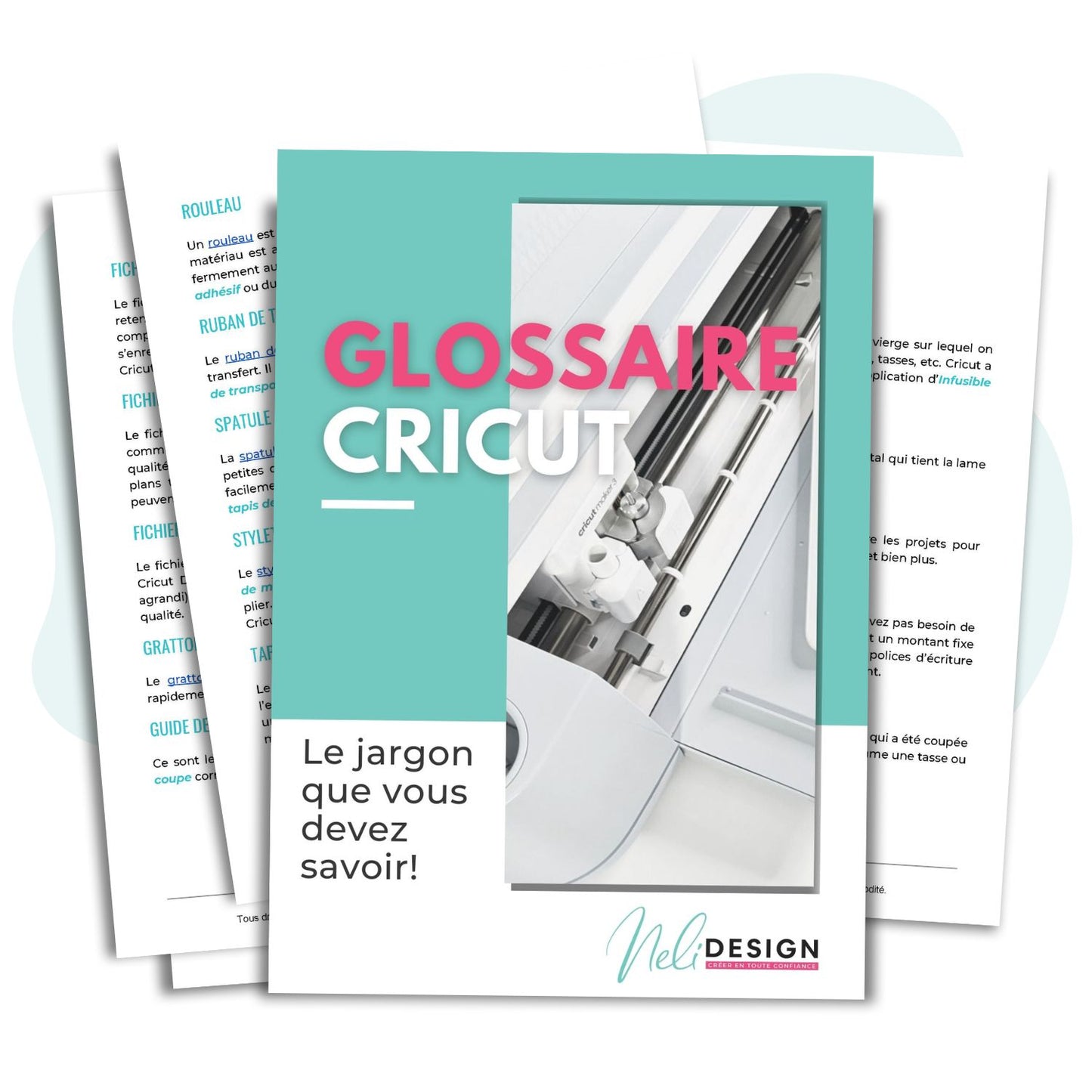Couverture du glossaire Cricut en français et quelques pages montrant les définitions