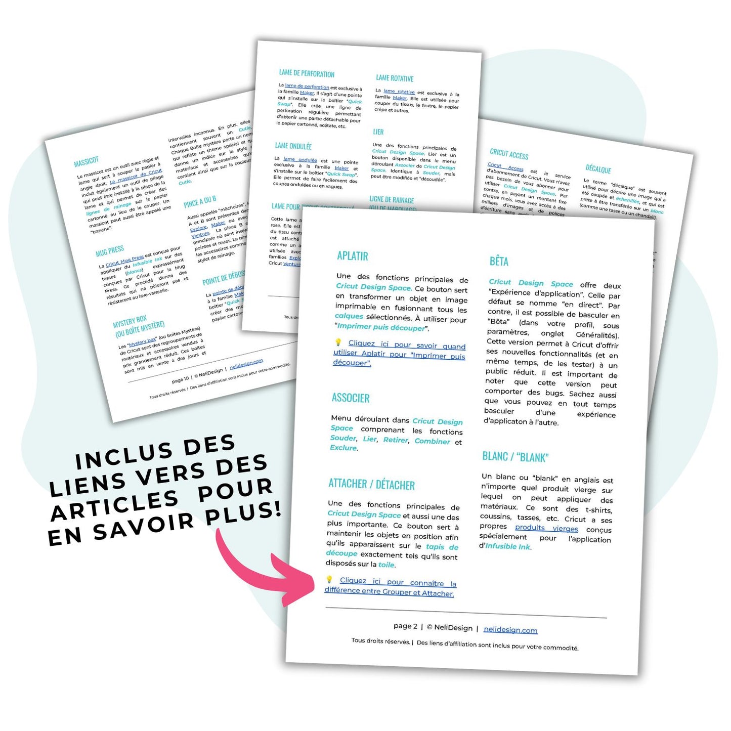 Exemples de 4 pages du glossaire Cricut en français. On peut voir les liens vers des articles pour approfondir des sujets