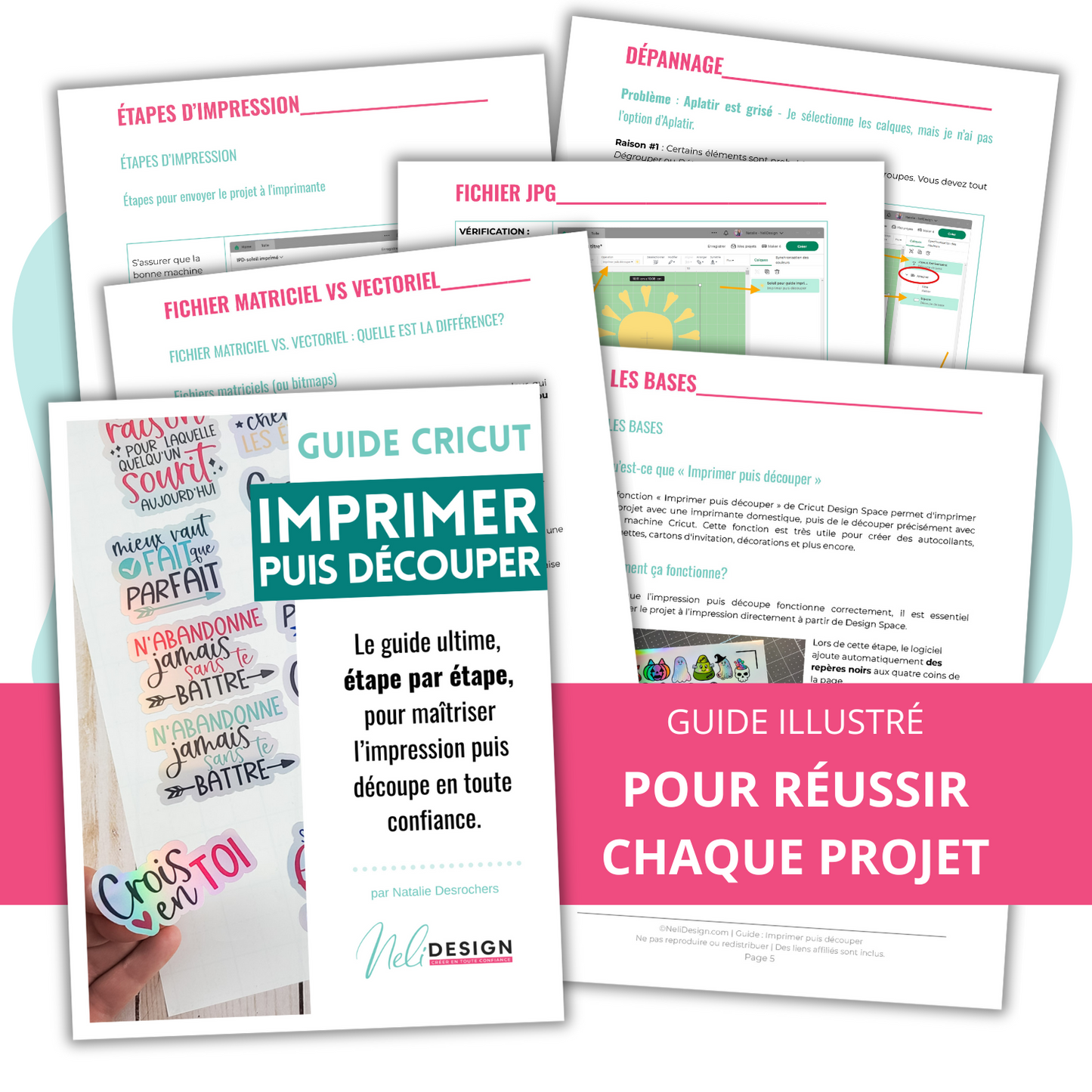 Illustration de plusieurs pages du Guide Cricut en français sur la fonction Imprimer puis découper