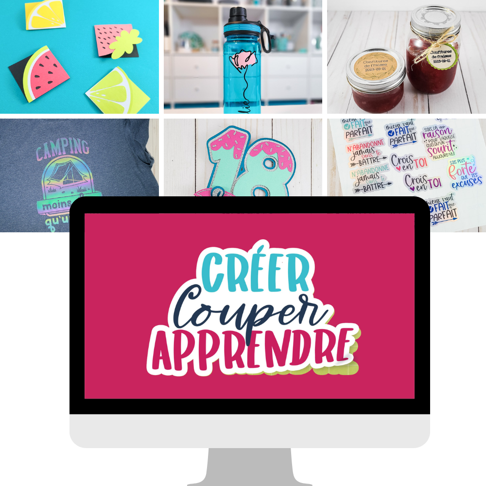 Image du logo de la formation avec vidéos Créer couper apprendre et des six projets réalisés dans le cours pour maîtriser sa Cricut et Cricut Design Space