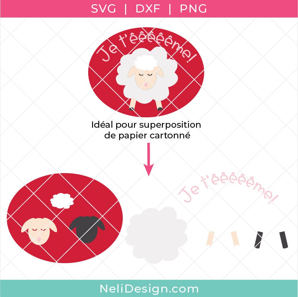 Image du fichier svg en français à utiliser avec votre Cricut où on voit les couches spécialement conçues pour une superposition de papier cartonné pour des projets de la St-Valentin
