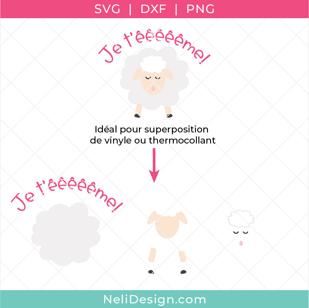 Image du fichier svg en français à utiliser avec votre Cricut où on voit les couches spécialement conçues pour une superposition de vinyle ou thermocollant pour des projets de la St-Valentin