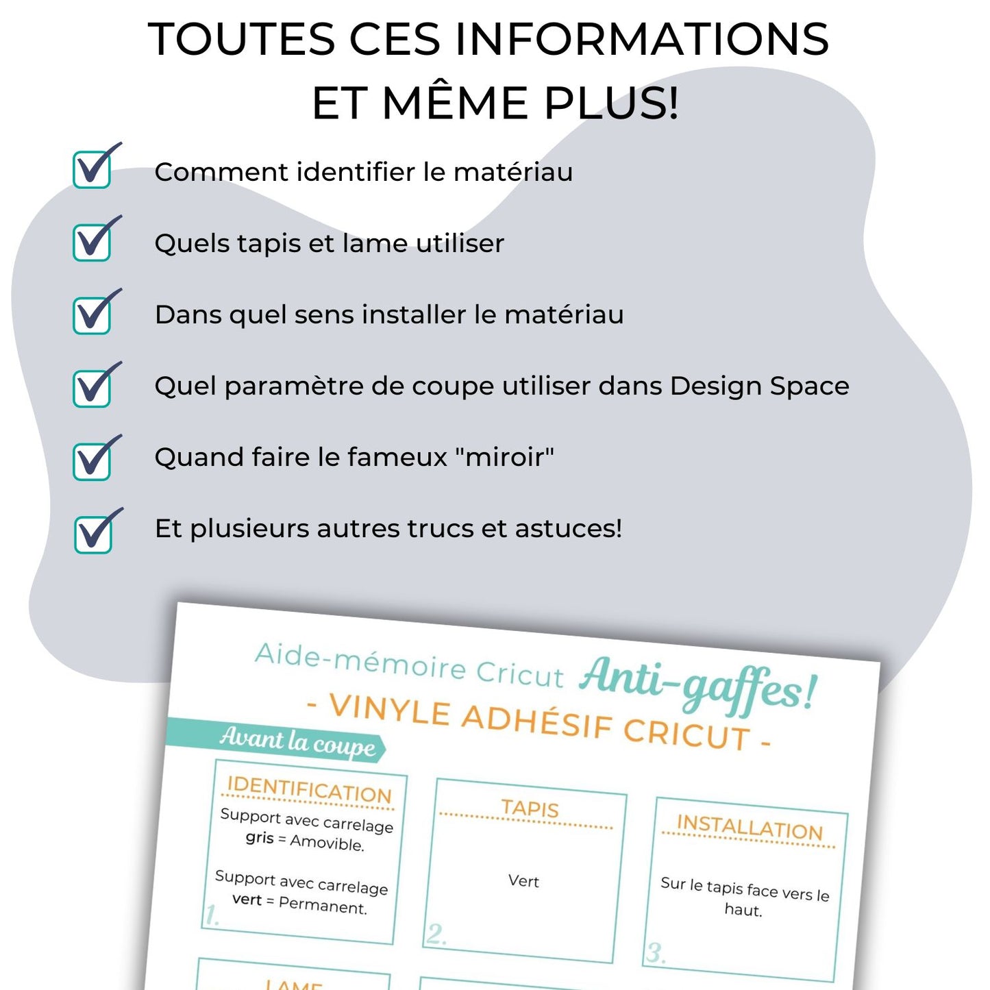 Image expliquant les trucs et astuces qui se retrouvent dans l'aide-mémoire Cricut anti-gaffes en français pour vous aider dans la découpe de matériaux.