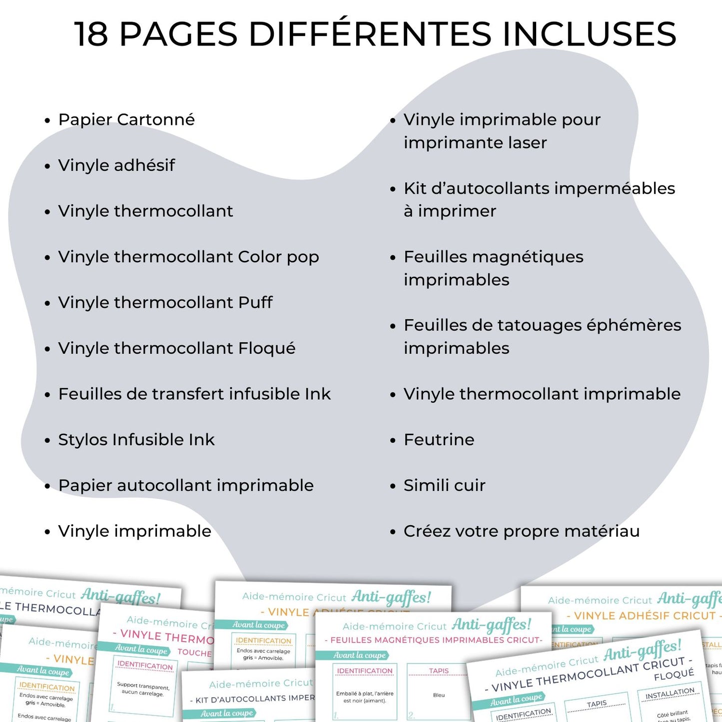 Image faisant la liste des 18 pages incluses dans l'aide-mémoire anti-gaffes en français pour vous aider dans la découpe de matériau avec votre Cricut.