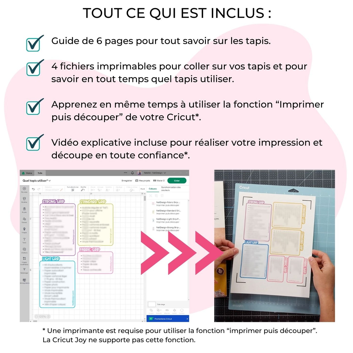 Image illustrant tout ce qui est inclus dans le guide en français Quel Tapis Choisir et démontrant qu'on peut imprimer puis découper l'aide-mémoire et que les explications sont fournies sur une vidéo.