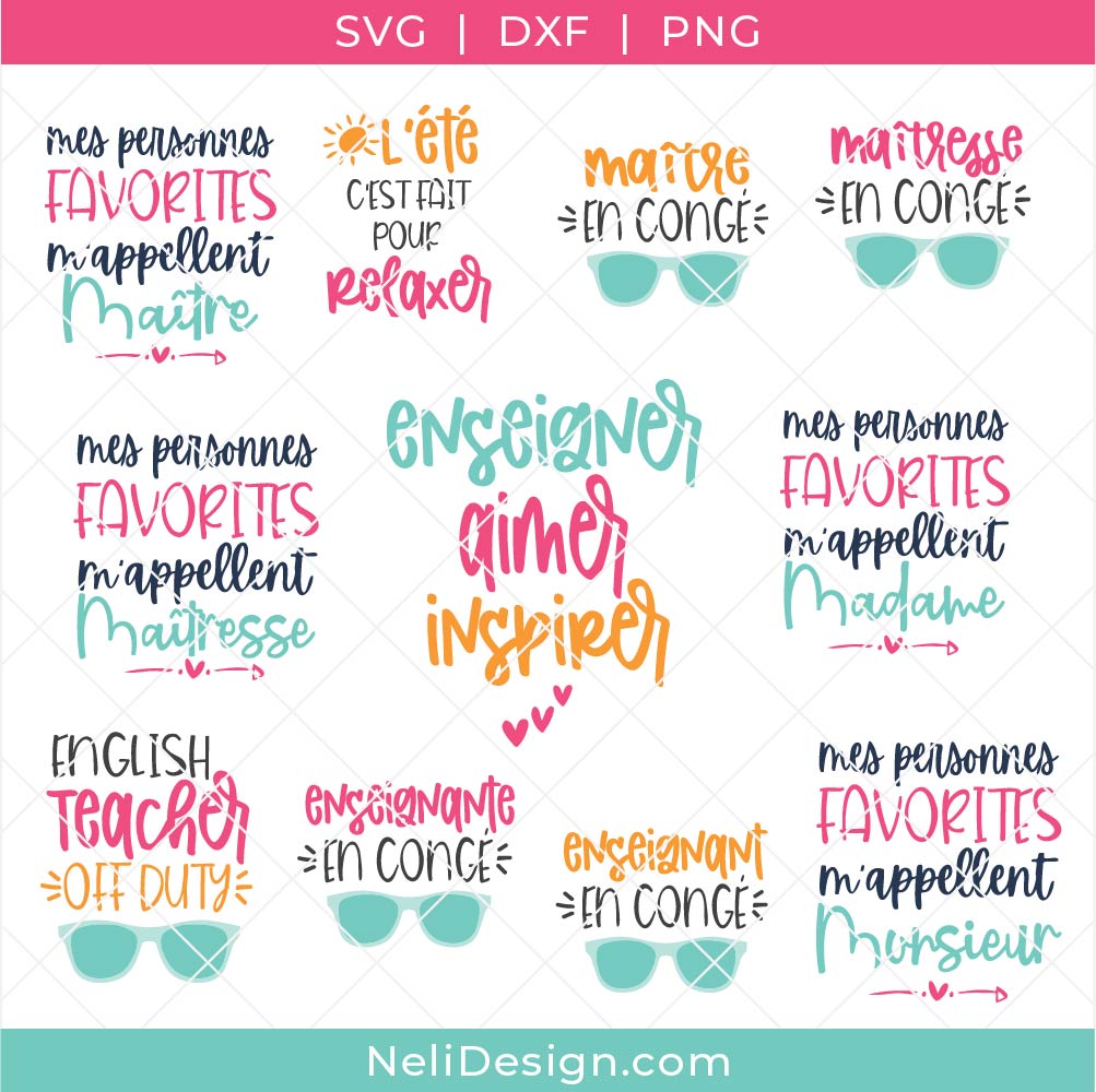 Image du regroupement de fichiers svg en français à utiliser avec votre Cricut pour réaliser des cadeaux pour les enseignants, professeurs ou maîtresses..