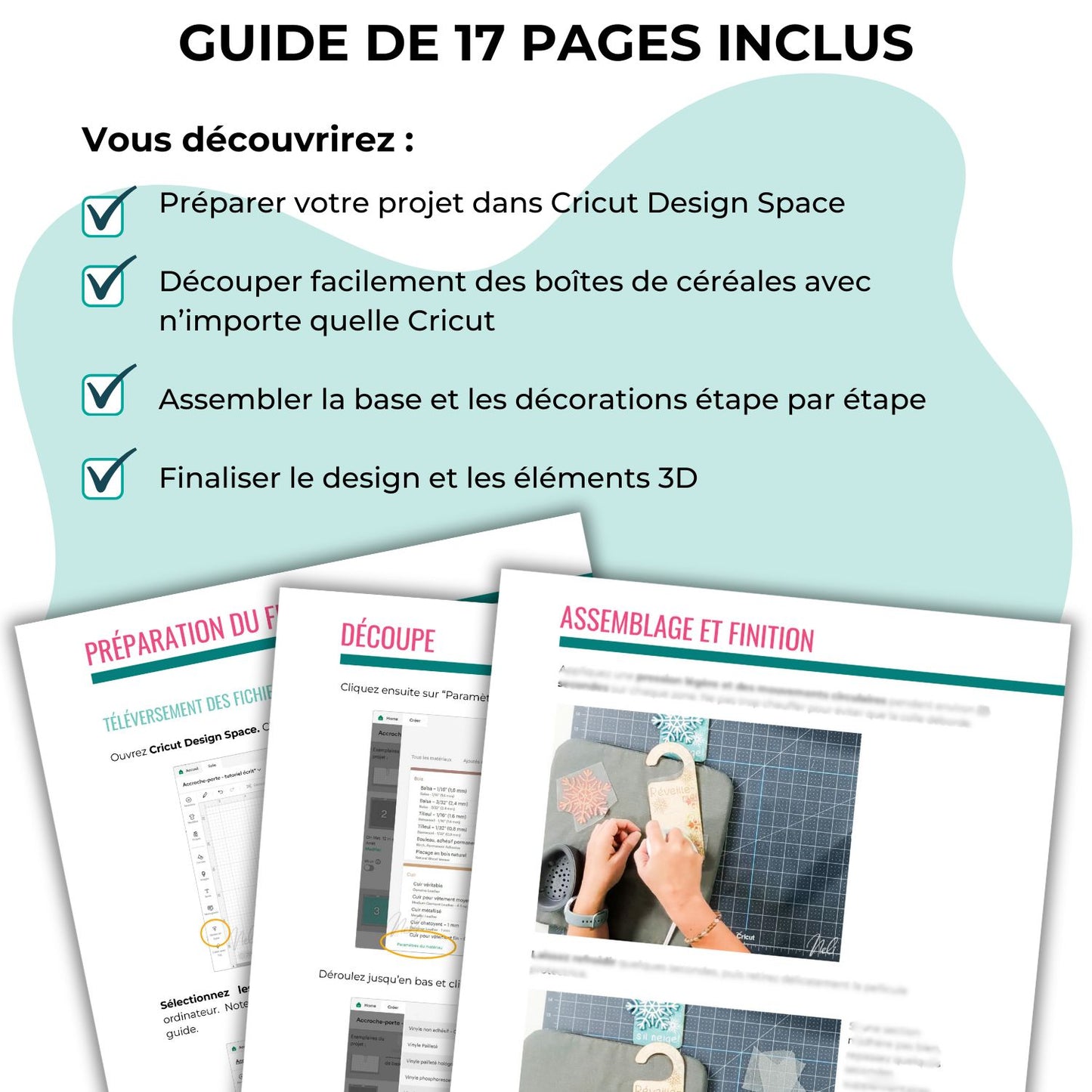 Échantillon de pages du guide de 17 pages qui viens avec les fichiers SVG en français à découper dans des boîtes de céréales avec une Cricut