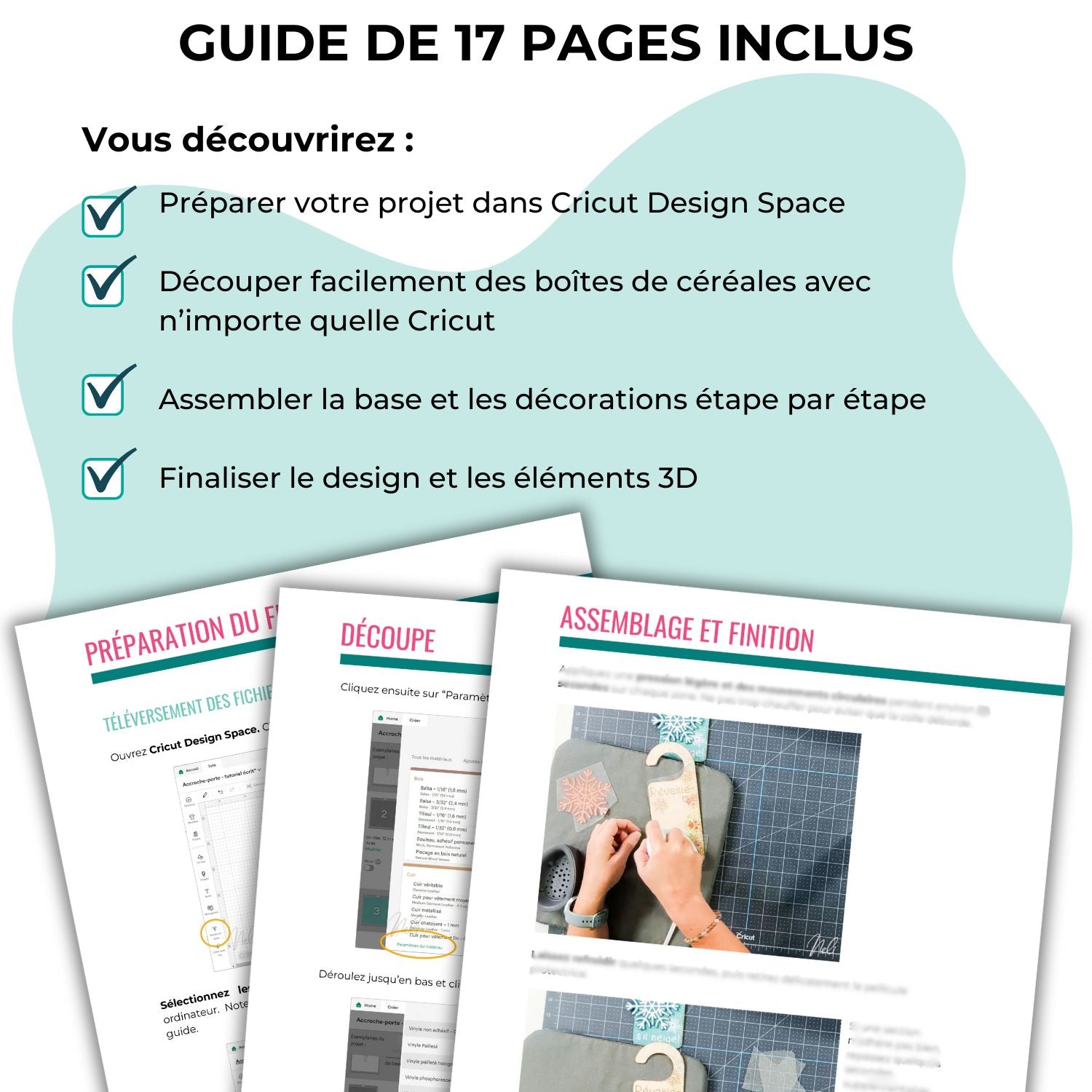 Échantillon de pages du guide de 17 pages qui viens avec les fichiers SVG en français à découper dans des boîtes de céréales avec une Cricut