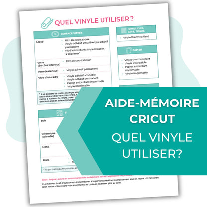 Image de l'aide-mémoire Cricut en français pour aider à choisir quel vinyle utiliser dans un projet