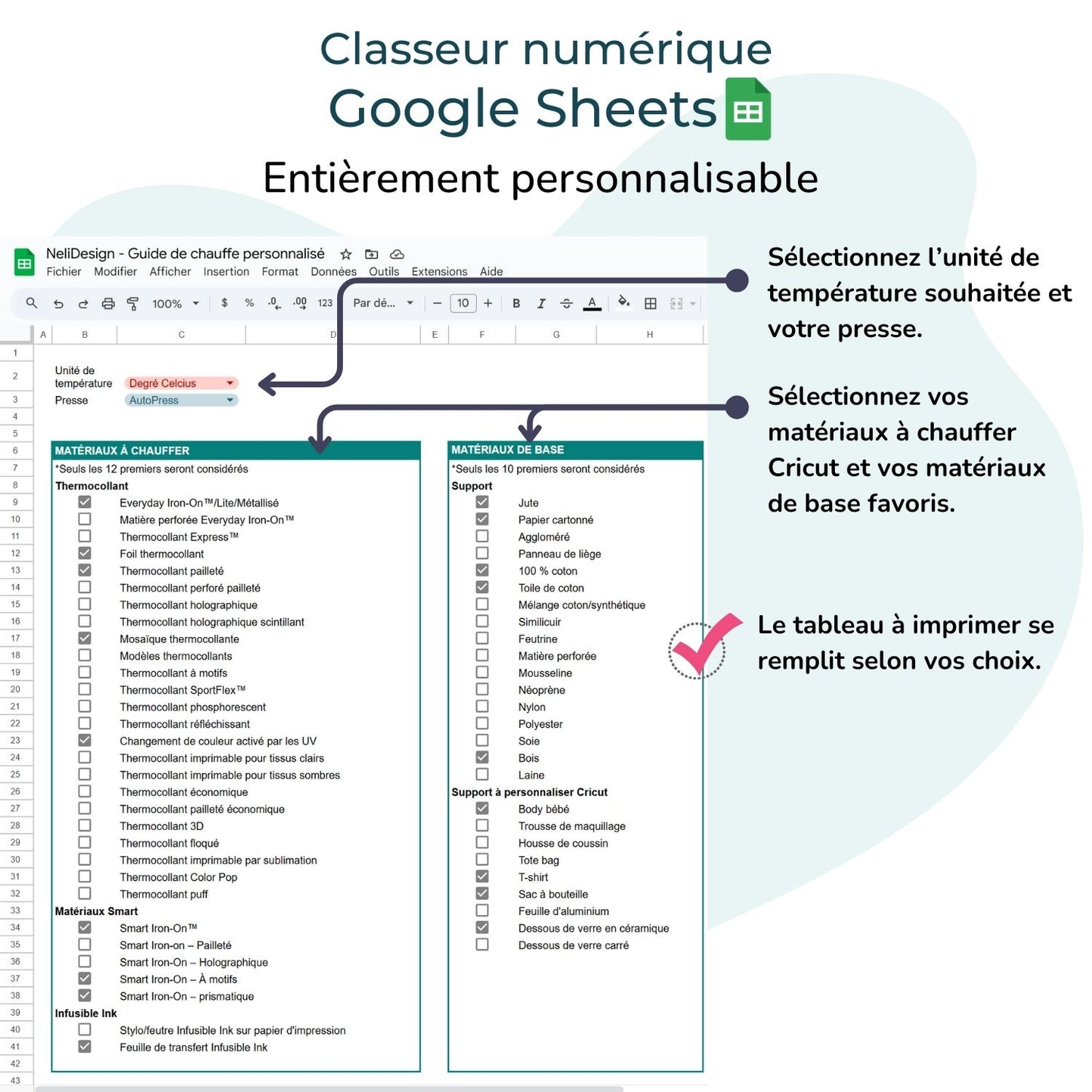 Aide-mémoire Cricut en français. Guide de chauffe. Fichier imprimable et personnalisable. Personnaliser dans Google Sheets