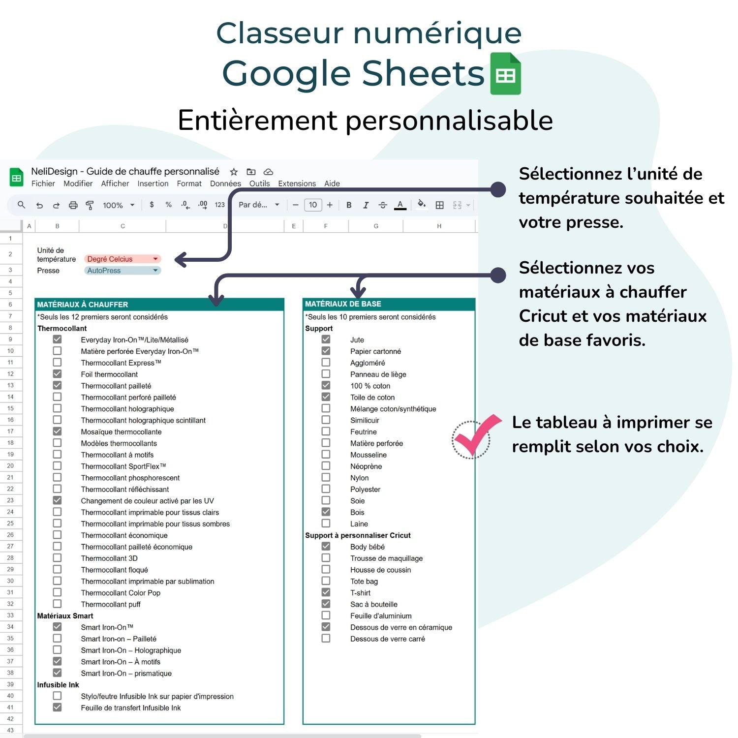 Aide-mémoire Cricut en français. Guide de chauffe. Fichier imprimable et personnalisable. Personnaliser dans Google Sheets