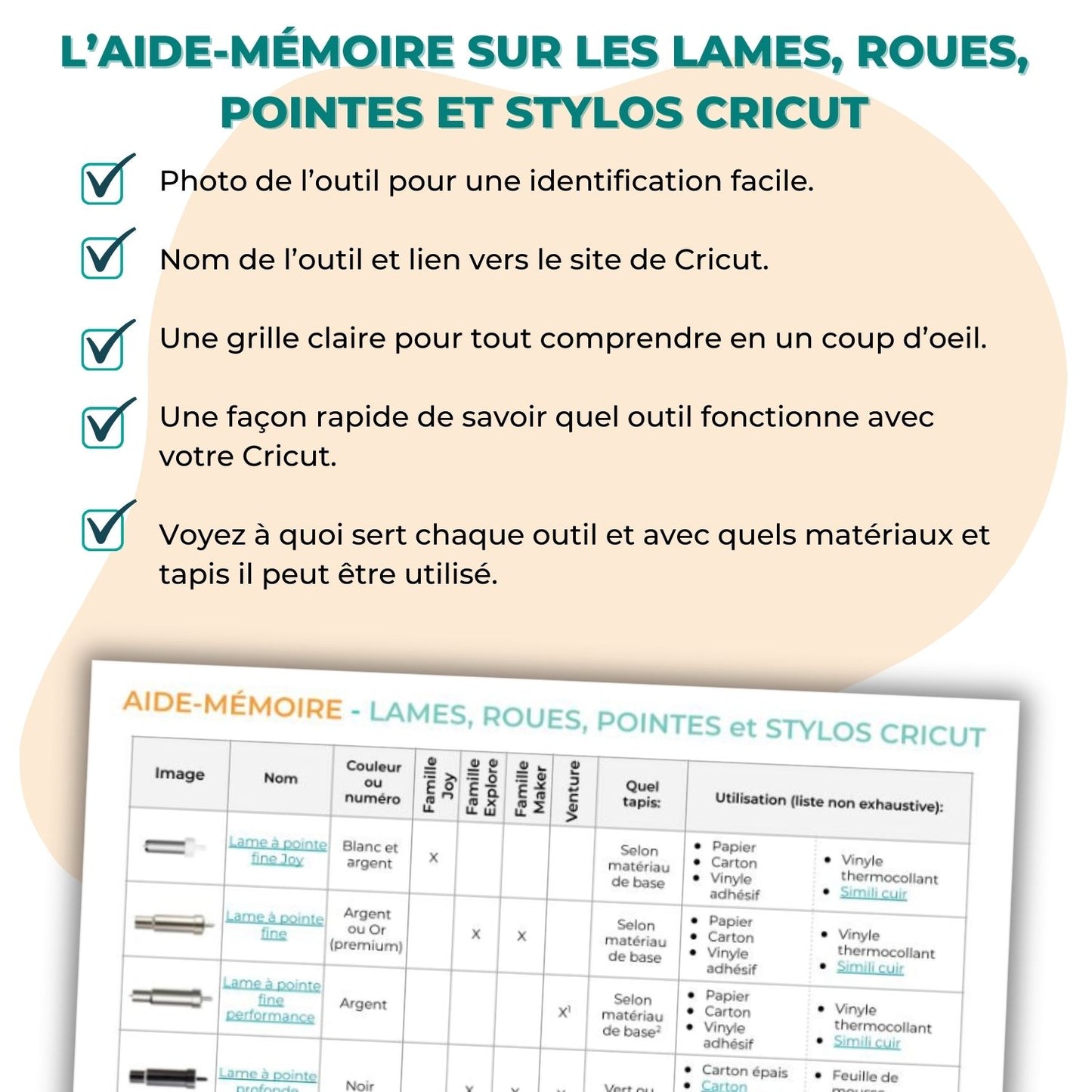 Image détaillant les caractéristiques de l'aide-mémoire sur les Lames, roues, pointes et stylos Cricut en français pour comprendre à quoi sert chaque outil.