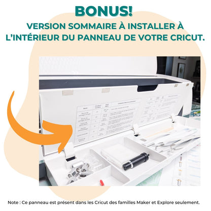 Image de l'aide-mémoire sommaire en bonus sur les Lames, roues, pointes et stylos Cricut en français pour coller à l'intérieur de votre Cricut