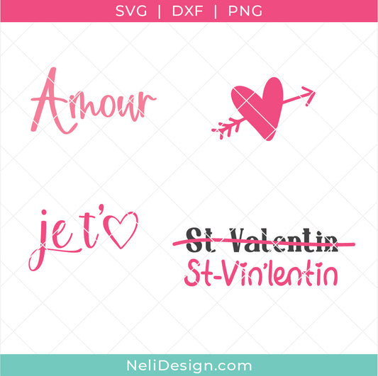 Image du regroupement de fichiers svg en français à utiliser avec votre Cricut pour réaliser des projets de la St-Valentin