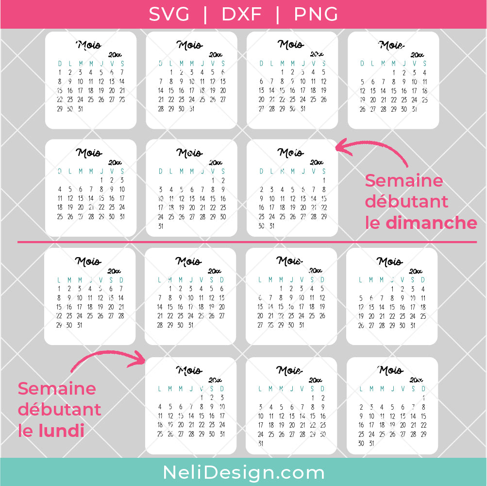 Image des fichiers SVG en français, compatibles Cricut pour réaliser un calendrier de bureau personnalisable