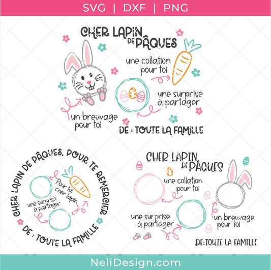 Image des 3 fichiers SVG du plateau et assiette pour le lapin de Pâques pour réaliser un projet avec en français avec la Cricut