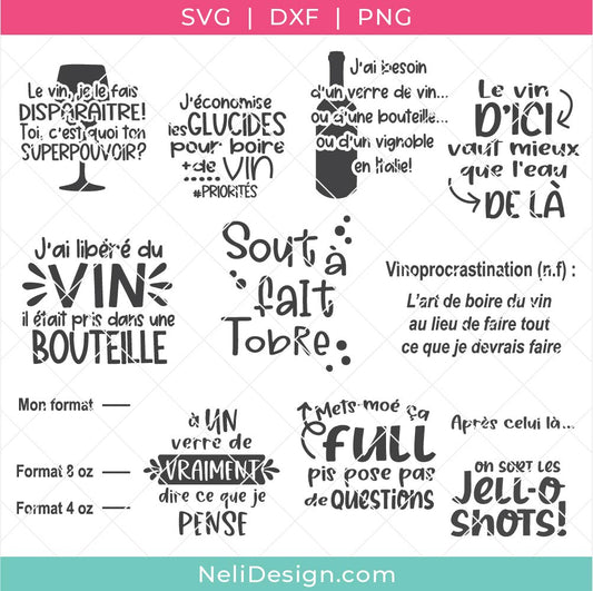 Image illustrant les 11 fichiers de découpe SVG en français sur le thème du vin pour la Cricut