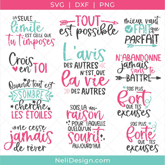 Image des fichiers SVG de 11 citations inspirantes en français pouvant être utilisés avec votre Cricut