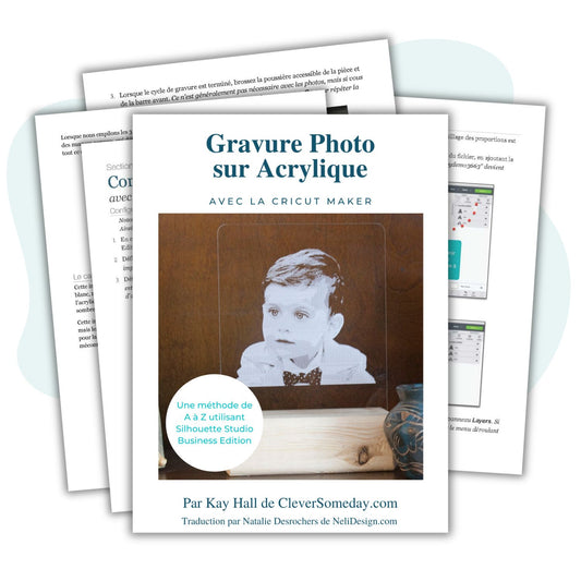 Image de la couverture et de quelques pages du livre numérique Gravure photo sur acrylique avec la Cricut Maker traduit en français