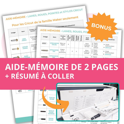 Image de l'aide-mémoire Cricut en français sur les lames, roues, pointes et outils Cricut en bonus à l'achat du Guide Cricut sur les outils et accessoires