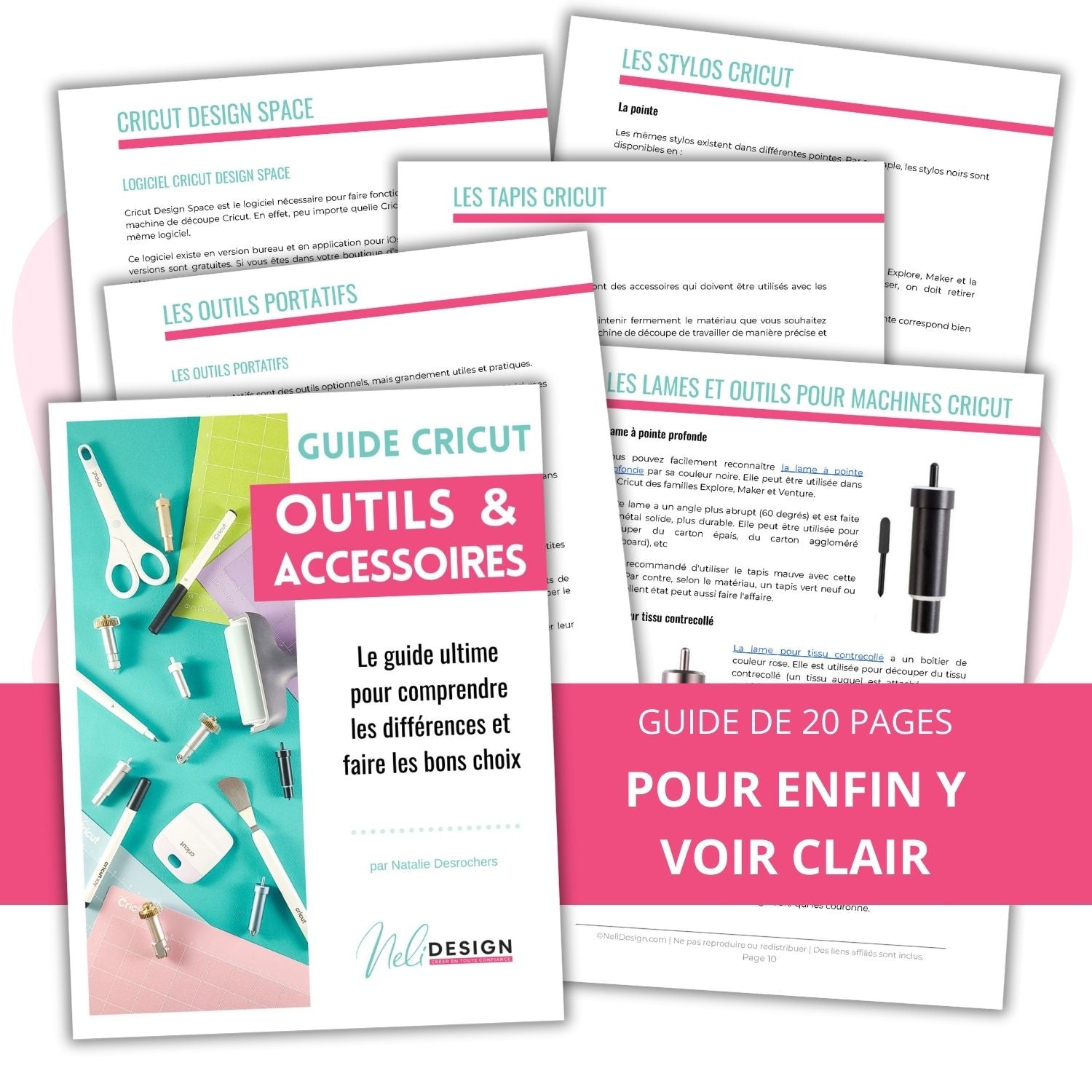 Image de la page couverture et de quelques pages du Guide Cricut en français sur les outils et accessoires pour les débutants. Le guide ultime pour comprendre la différence et faire les bons choix