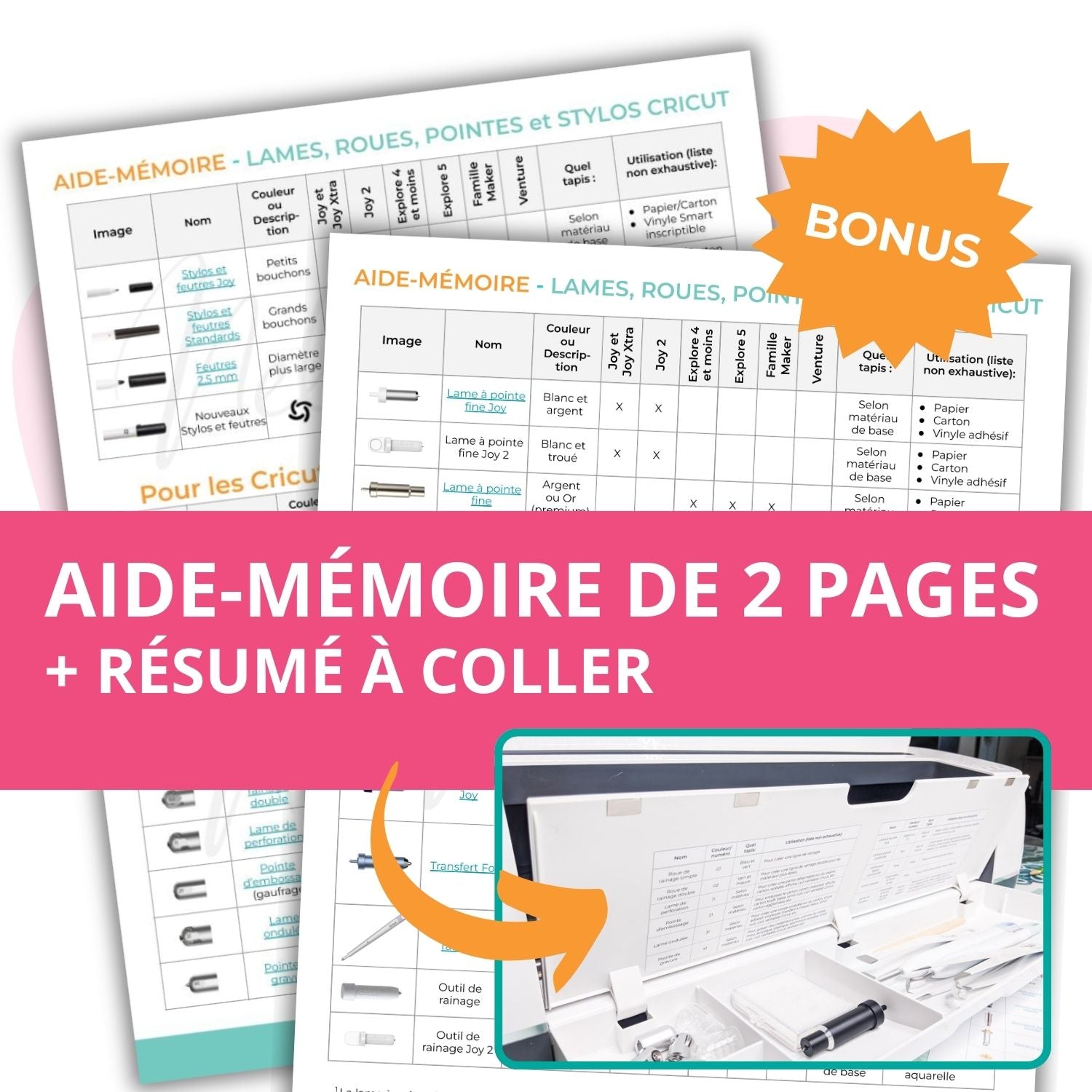 Image de l'aide-mémoire Cricut en français sur les lames, roues, pointes et outils Cricut en bonus à l'achat du Guide Cricut sur les outils et accessoires