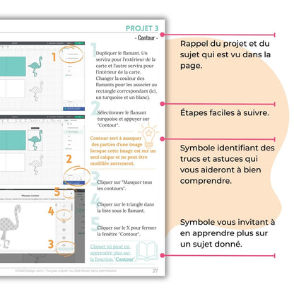 Image des caractéristiques pratiques du livre numérique en français pour débutants, Guide pour bien débuter avec votre Cricut