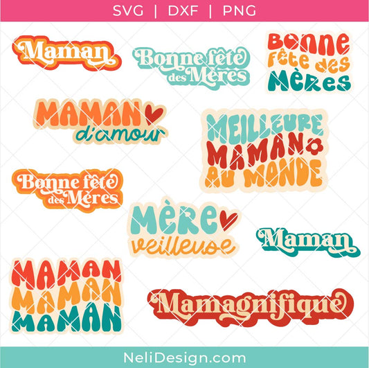 Image représentant l'ensemble de 10 fichiers de découpe SVG en français de style rétro pour la fête des Mères à utiliser avec une Cricut