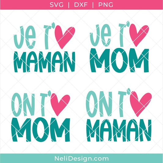Image du regroupement des fichiers SVG Je ou On t'aime Maman ou Mom avec des coeurs