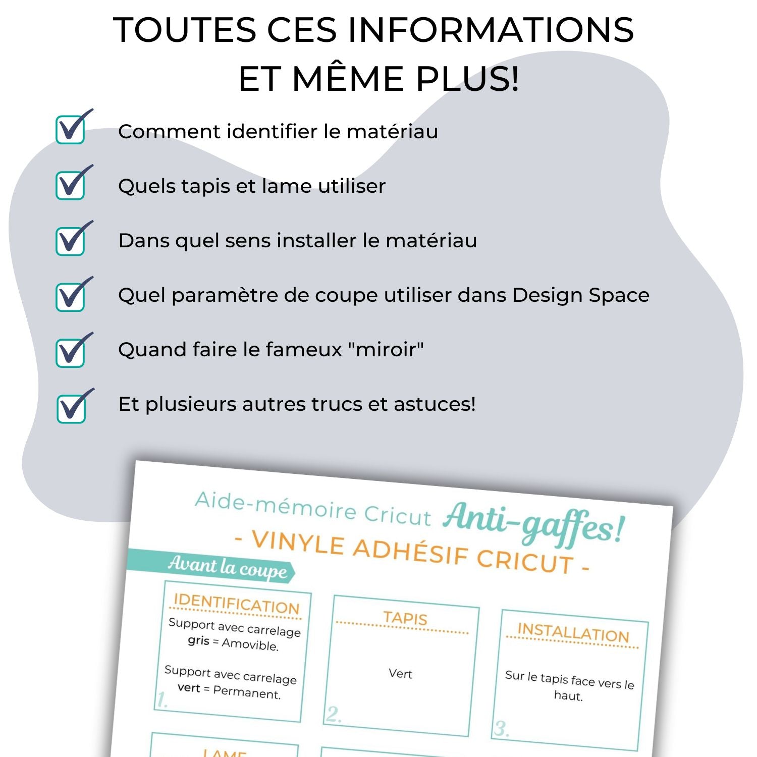 Image expliquant les trucs et astuces qui se retrouvent dans l'aide-mémoire Cricut anti-gaffes en français pour vous aider dans la découpe de matériaux.