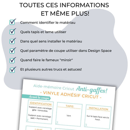 Image expliquant les trucs et astuces qui se retrouvent dans l'aide-mémoire Cricut anti-gaffes en français pour vous aider dans la découpe de matériaux.
