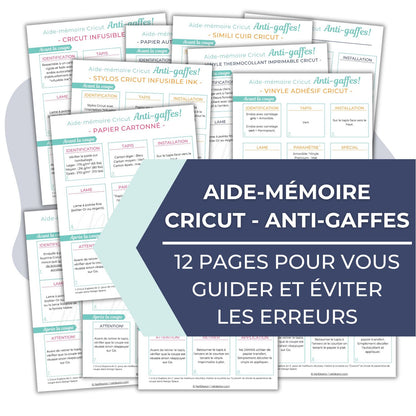Image des 12 pages de l'aide-mémoire Cricut anti-gaffes en français pour vous aider dans la découpe de matériaux