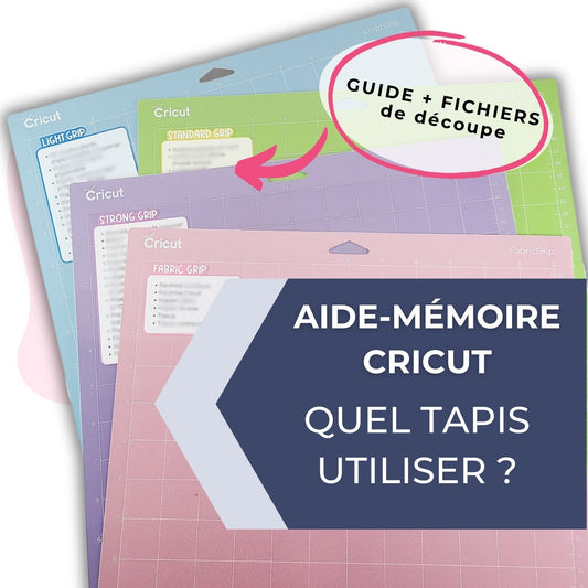 image de l'aide-mémoire Cricut en français pour savoir quel tapis utiliser. Il s'agit d'autocollants collés sur chacun des tapis pour identifier les matériaux à utiliser