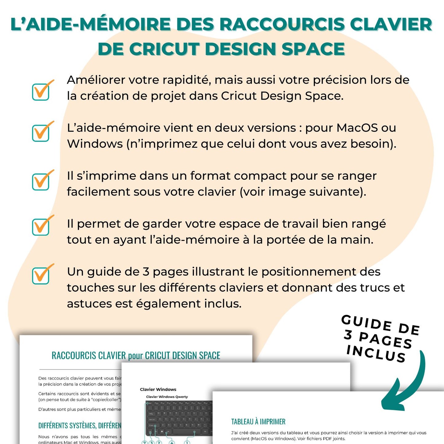 Image illustrant le guide de 3 pages inclus et les avantages de l'aide-mémoire sur les raccourcis clavier de Cricut Design Space en français.