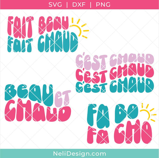 Image illustrant les quatres fichiers SVG de style rétro beau et chaud pour réaliser des projets pour l'été en français avec votre Cricut