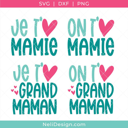 Image du regroupement des fichiers SVG Je ou On t'aime Mamie ou Grand-maman avec des coeurs