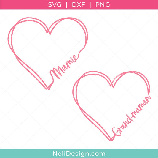 Image du regroupement de fichiers SVG en forme de coeur avec le texte Grand-maman et Mamie qui suit le coeur